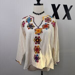 Handmade Mexican Boho Embroidered Tunic Shirt White Floral V-Neck Folk Festival